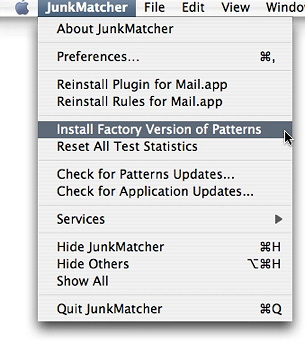 JunkMatcher menu item for installing factory version of patterns